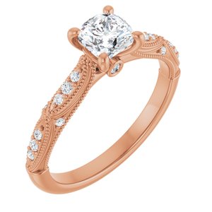 14K Rose 5 mm Cushion Forever One™ Moissanite & 1/10 CTW Diamond Engagement Ring